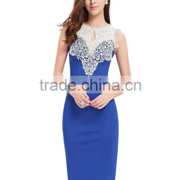 New Arrival Women Evening Wear Sleeveless Navy Blue Bodycon Dress With Lace Trims photo-2