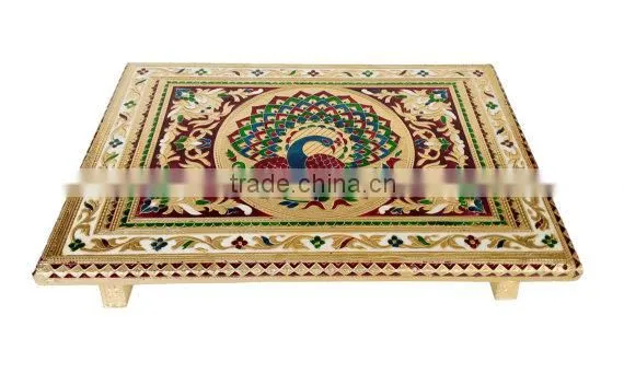 RAJWADI CHOWKI-PATLA / SITTING STOOL - PEACOCK DESIGNED WOODEN HANDMADE 15"x21"x3" CHOWKI PATLA-G.M.