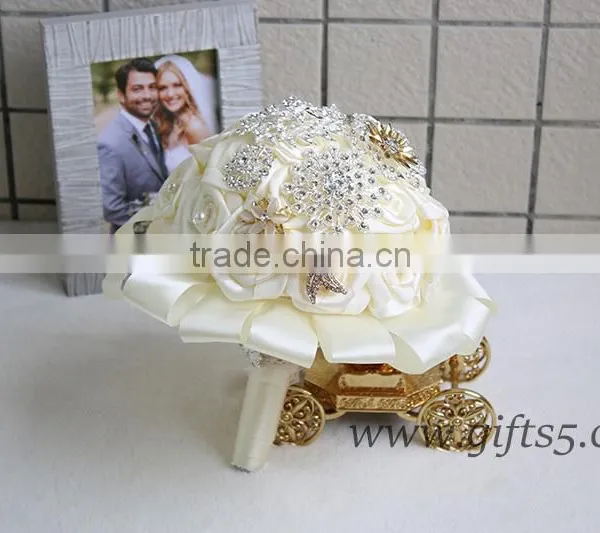 Luxurious White Silk Flowers Wedding Bouquets With Beads, Rhinestones, Brooches photo-3