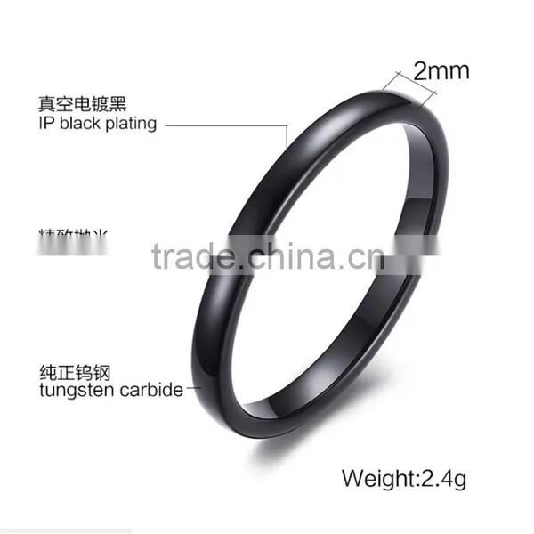 2 mm Thin Band IP Black Plating High Polish Tungsten Carbide Ring photo-2
