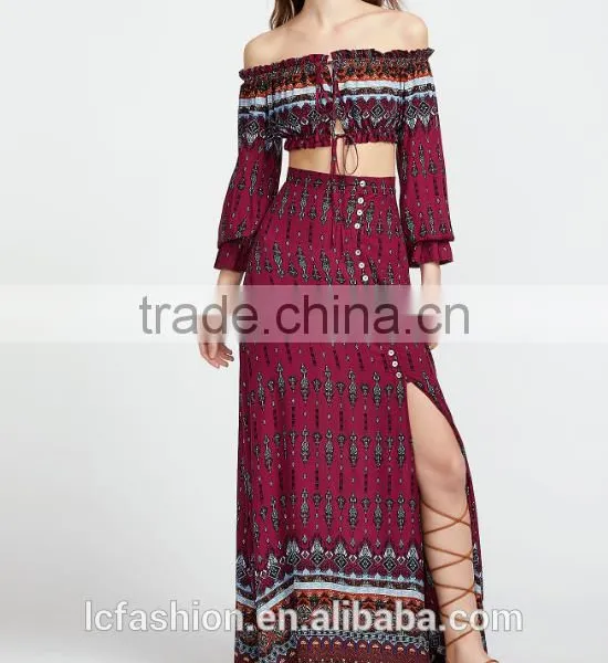 Picture of Long Skirts and Tops Vintage Print Drawstring Top With Split Skirt photo-2