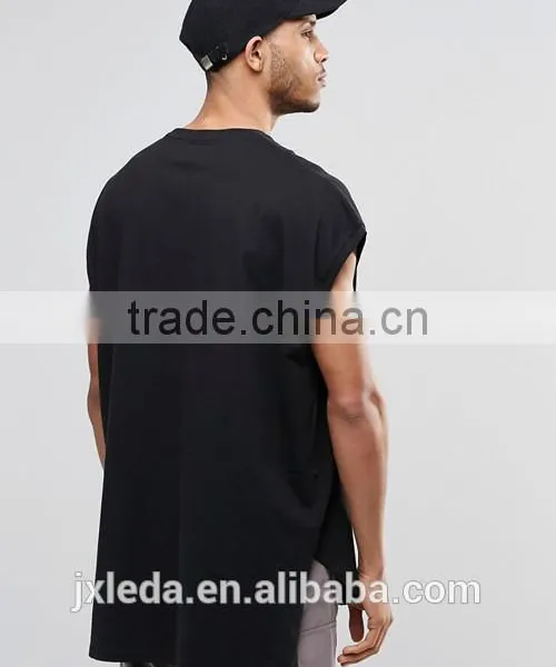 Men Fashion Plain Crew Neck Curved Front Hem Super Oversized Black Tee Shirts / T-shirt Custom photo-2