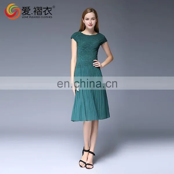 Keen - Length Dark Green Women Solid Color Cap Sleeve Pleated Skirts
