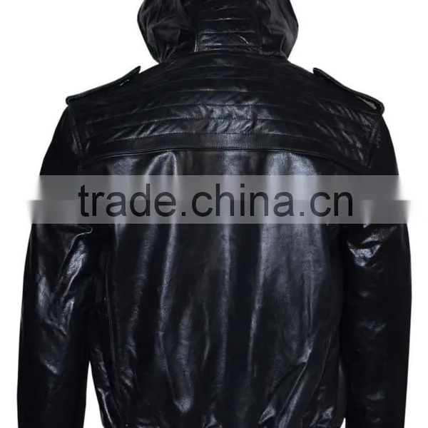 Black Hooded Leather Jacket for Men photo-4