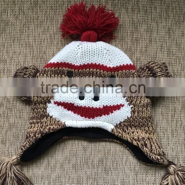 High Quality Children's Knitted Monkey Animal Winter Earflap Hat With Fleece Lining