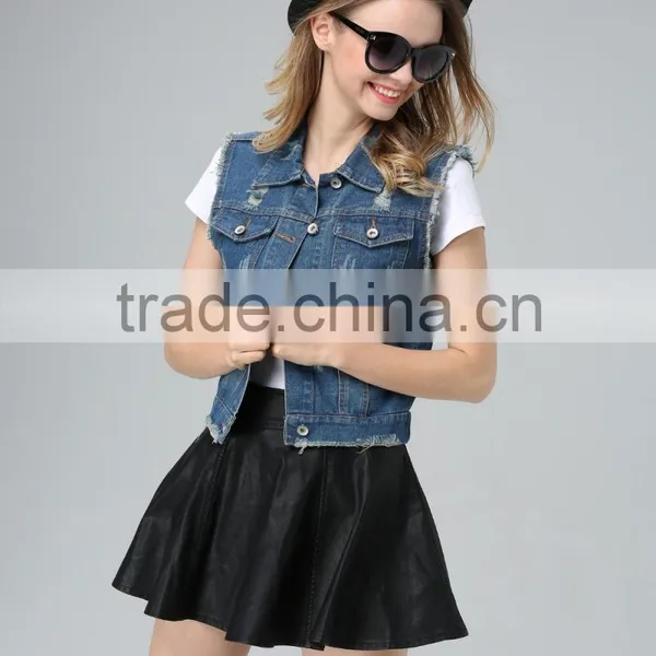 Ladies Cotton Spandex Stretch Vintage Blue Denim Vest With Studs and Rhinestones Decoration photo-3