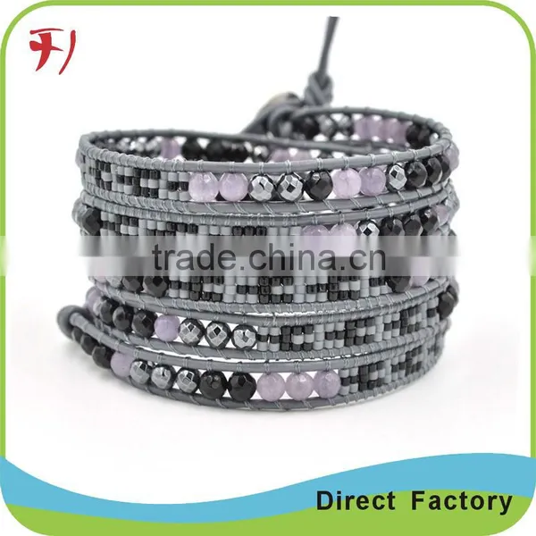 Figuratus Natural Bead On Black Leather Handmade Braided Bracelet DIY Custom Bracelet Jewelry
