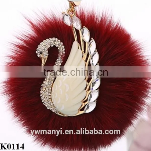 Hot Luxury Car Rhinestone Fox Fur Ball Key Chain Women's Car Keychain Plush Fur Ball Swan Keychain Charm Colored Key Chain K0114 photo-2