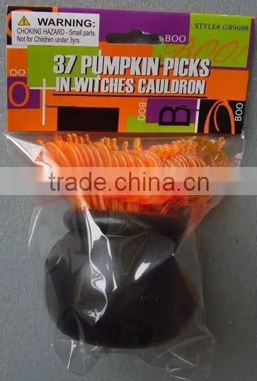 37 PlasticHalloween Pumpkin Toothpicks in Witches Cauldron