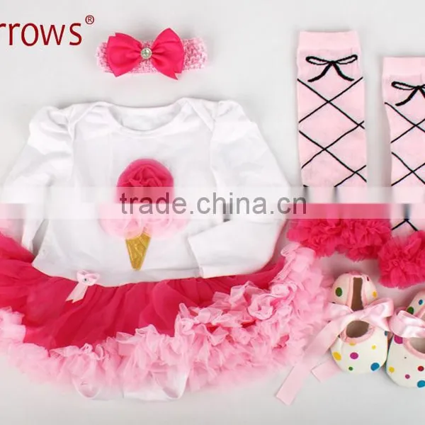 4Pcs Set Baby Newborns 2016 Summer Cotton Long Sleeve Bodysuit High-heeled Shoes Print Ruffles Baby Girl Clothing Sets photo-2