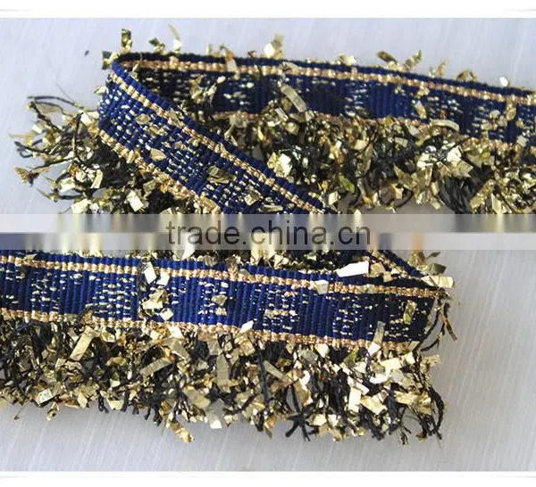 China Fancy Novelty Metallic Blue Tape With Gold Lurex Tassel Fringe Trim photo-6