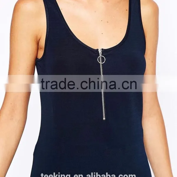 Fashion Navy Color Ladies Zip Front Plain Tank Top photo-4