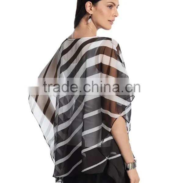 Fashion Stripe Sheer Chiffon Poncho Tops photo-2