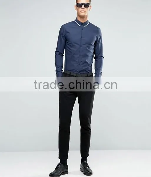 Guangzhou High Quality Custom Long Sleeve Spread Double Collar Chest Pocket Mens 65% Polyester 35% Cotton Casual Navy Shirts photo-4