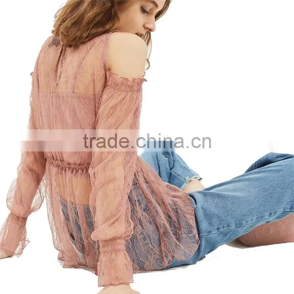 2017 OEM Spring Romantic Pink Lace Frill Strapless Women's Blouses photo-4