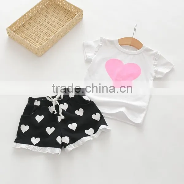 Summer Cotton Heart Printing T-shirts and Shorts Girls Clothing Sets photo-3