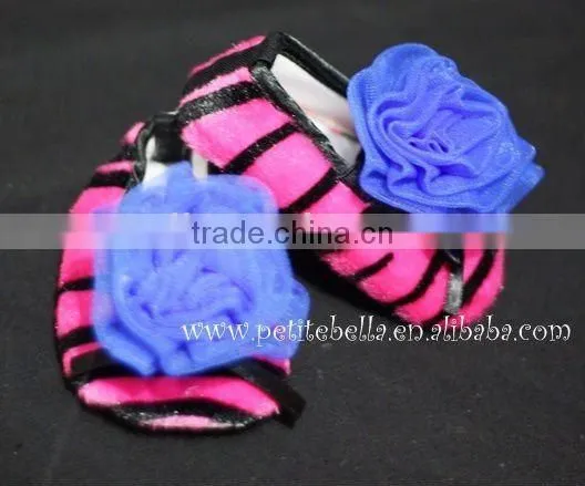 Hot Pink Zebra Print Shoes With Royal Blue Rosettes Pettishoes Crib Shoes MAS30