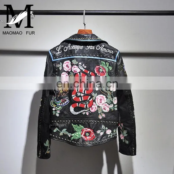 Fashion Printed Real Leather Jacket Cool Girls Leather Jacket Motorcycle photo-5
