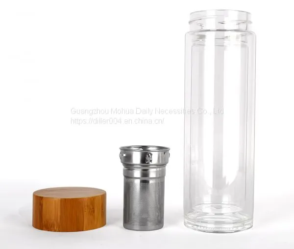 Double Wall Eco Pyrex Borosilicate Glass Tea Filter Infuser Drinking Water Bottle With Top Bamboo Lid photo-3