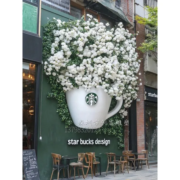 Custom Floral Teacup Fiberglass Sculpture | Cafe Check-in Wall Decor