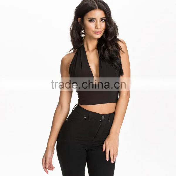 Ladies Black Ruched Side Deep V-Neck Sleeveless Halter Top photo-3