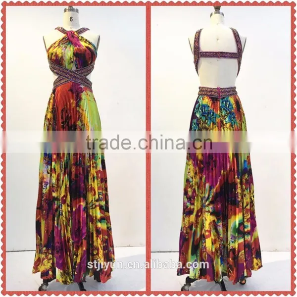 Sexy Open Back Print Halter Chaozhou Evening Dress 2016