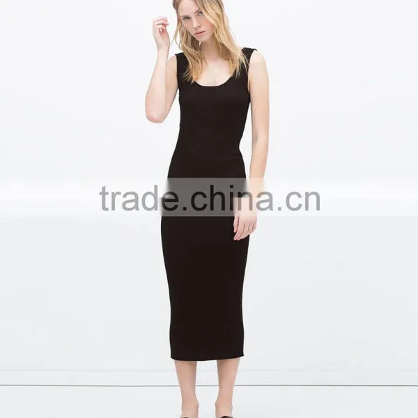 New Arrival Sleeveless Long Black Maxi Dress in Flat Knit Rib Fabrics photo-6