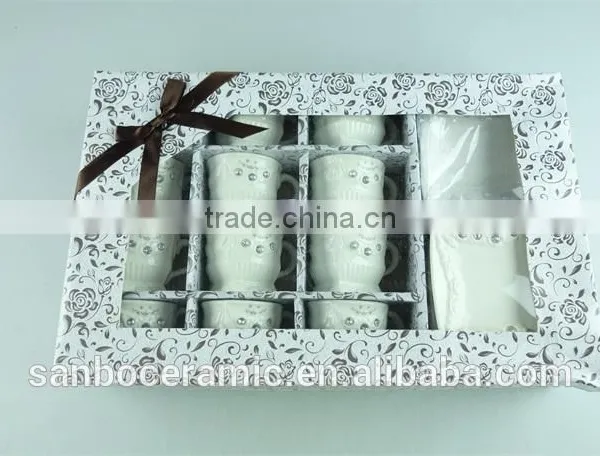 2015 Latest Design Square Shape Porcelain Cup and Saucer With Crystal,white Porcelain Cup and Saucer Set With Gold Decal photo-4
