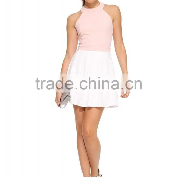 Ladies Sweet Style Back Bow Round Halter Neck Cross Back Elegant Fit and Flare Short Dress photo-5