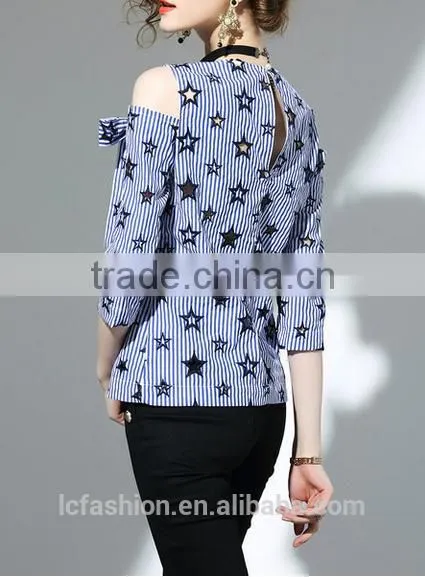 2017 Summer Newest Fashion Round Neck Cold Shoulder Blouse With Stars Pattern photo-3