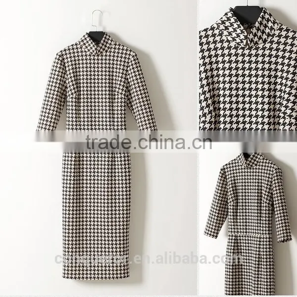 Fashion Design Ladies Houndstooth Dress Slim Fit Stand Collar Bodycon Dress photo-5