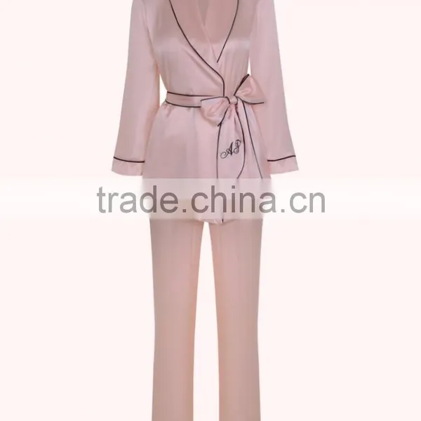 Women's Satin Pyjamas Wedding Robe Tie Waist Embroidered Sleepwear Custom Smooth And Soft Artificial Silk photo-6