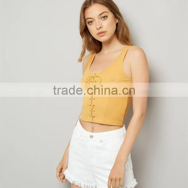 Wide Shoulder Straps Lace up Ribbed Cropped Tank Womens Black Vest Tops photo-3