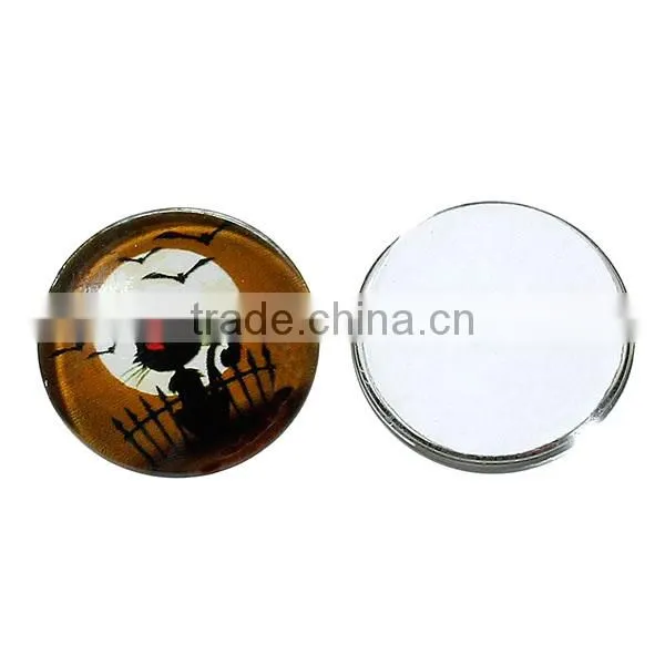 Glass Dome Seals Cabochons Round Flatback Black & Orange Cat Moon Bat Pattern Transparent 20mm Dia photo-3