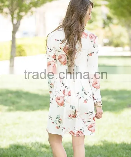 B40989A Fashion Print Flowers Dress Women Long Sleeve Crewneck Dress photo-3