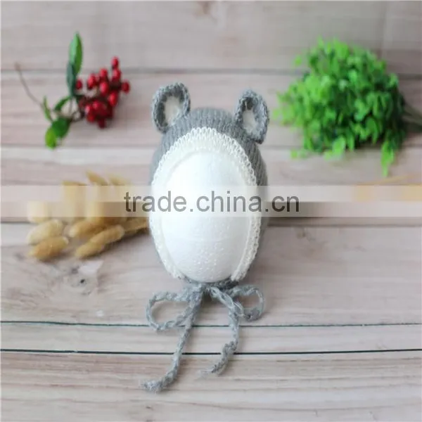 Newborn Knit Bonnet Crochet Mohair Bonnet Ruffle Mohair Hat Knit Bear Hat Baby Photography Props photo-4