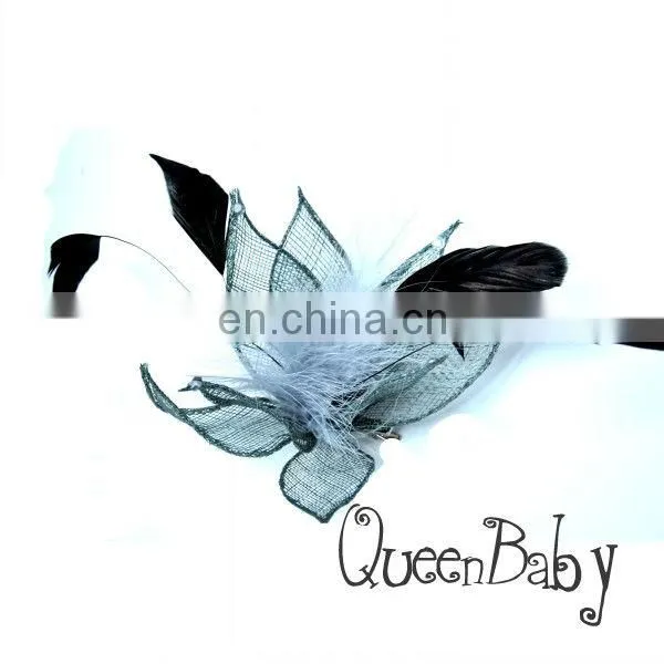 Black Birds Of Paradise Feather Fascinator - Coarse Burlap Netting Leaves With Black Feather FlowerBlack Birds Of Paradise Feath