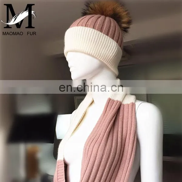 Thick Soft Shawl Fashion Winter Raccoon Fur Pom Hats Long Collar Scarf Hat Glove Sets photo-2