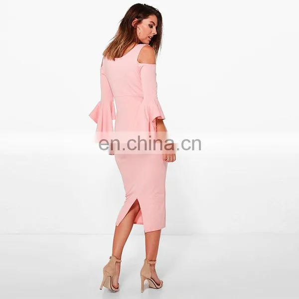 New Fashion Custom Plain Pink Bell Sleeve Cold Shoulder Sexy Women Dress photo-3
