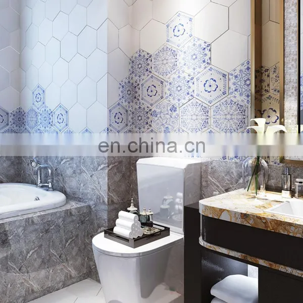 Kitchen and Bathroom Blue and White Porcelain All Hexagonal Brick Kitchen Bathroom Retro Floret Brick photo-4