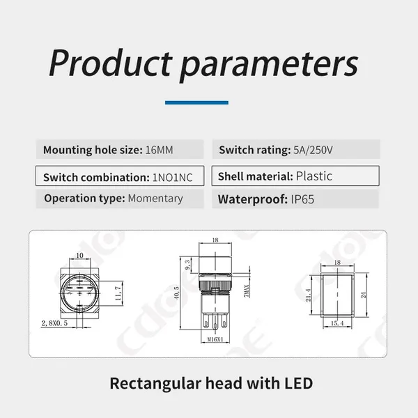 Ip65 16mm Rectangle Head 24v SPDT Push Button Switch on off Momentary With Led photo-3