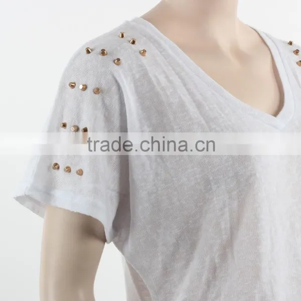 F5W13021 New Fashion Beads Embroidered Women White Long Sleeve T Shirts photo-5