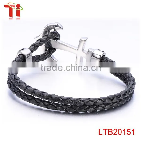 Genuine Cow Leather Silver Color Bracelet Men, Zircon Diamond Jewelry Bracelet for Men, Fashion Steel Bracelet Anchor Customized photo-3