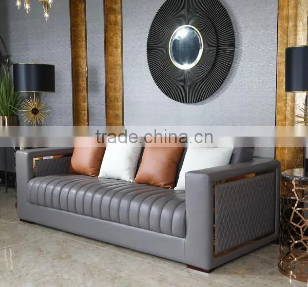 Artistic Grey Color Genuine Leather Living Room Sofa, Golden Color Stainless Steel Coffee Table With Marble Top(MOQ=1 SET) photo-2
