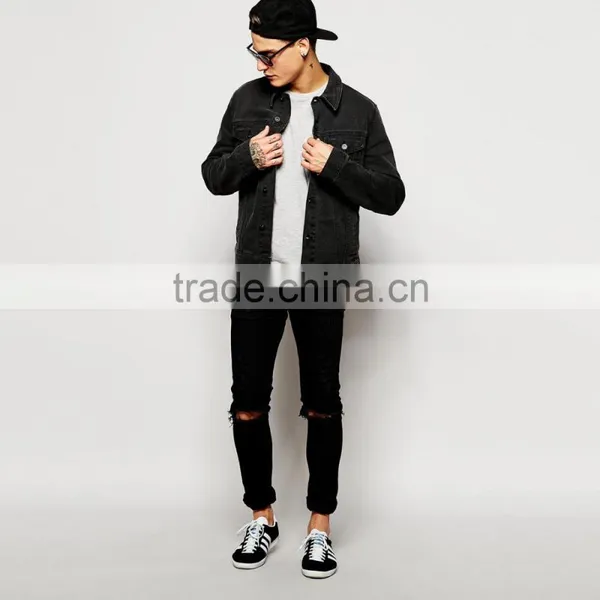 Wholesale Mens Black Denim Plain Warm Jacket in Bulk photo-4