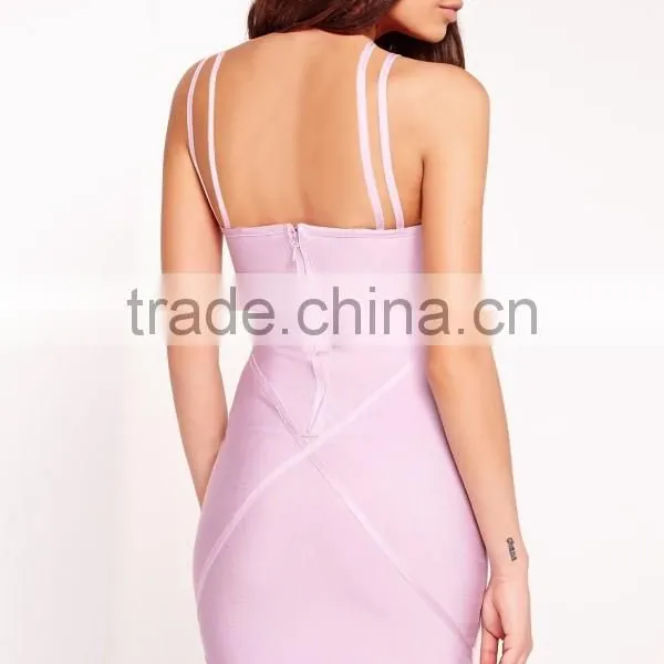 High Quality Cross Strap Detail Bandage Bodycon Dress Lilac Midi Dress With Double Straps Stretch Party Sexy Evening photo-3