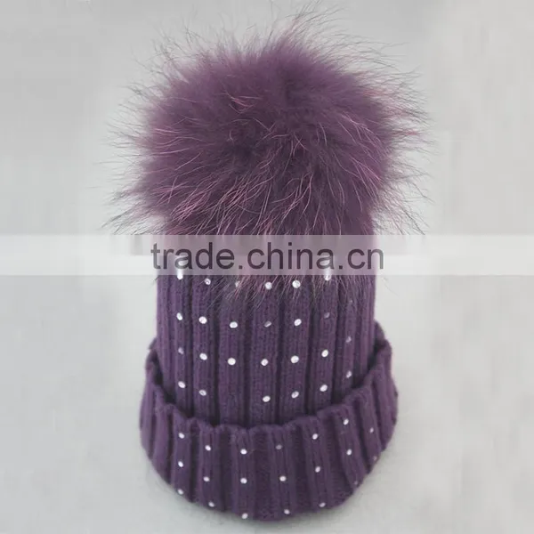 Myfur Fashion Style Diamond Ladies Wool Knitted Beanie Hat With Real Raccoon Fur Pom Pom photo-2