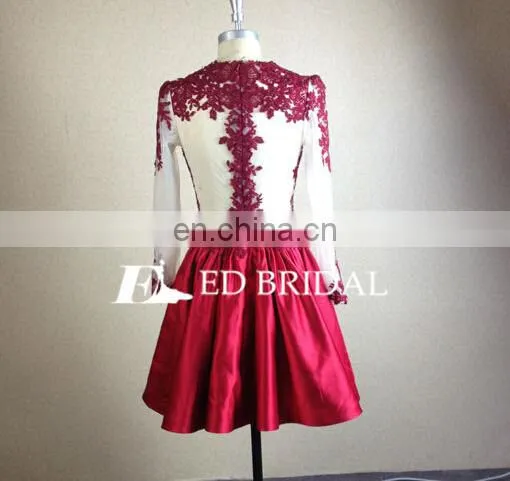 Sexy Lace Appliques Satin Wine Red Short Evening Dress Long Sleeve photo-2