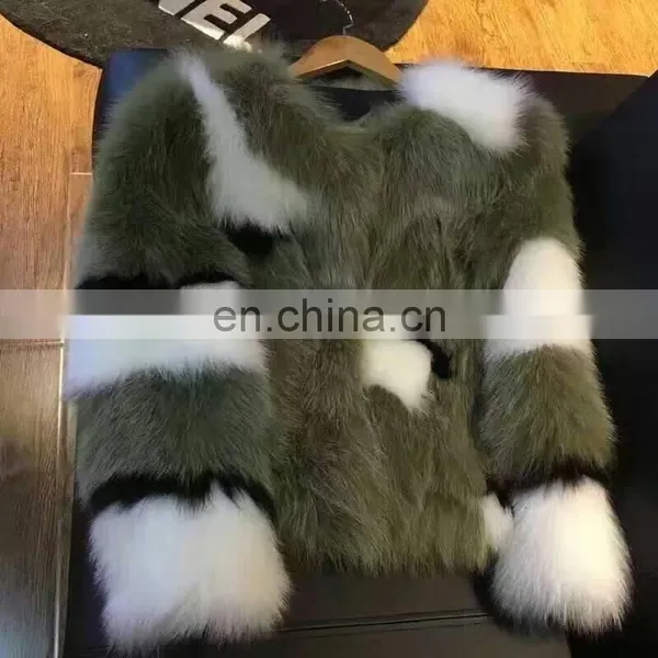 Round Collar Tea Green Color Fox Fur Coat, Blue Fox Red Fox Silver Fox Fur Mixed Fashion Short Size Coat S M L