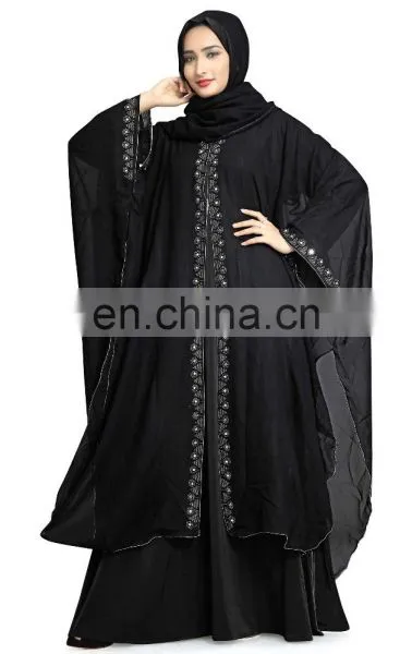 2017 Dubai Abaya Style Free Size Chiffon Shrug With Hood Cap + Plain Lycra Burkha + Chiffon Dupatta With Lace photo-3